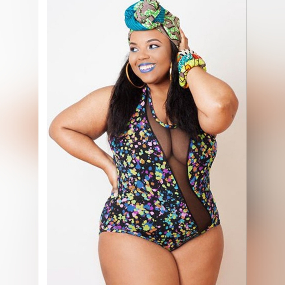 Sheer Mesh Accent Floral Print Plus One-piece Swimwear